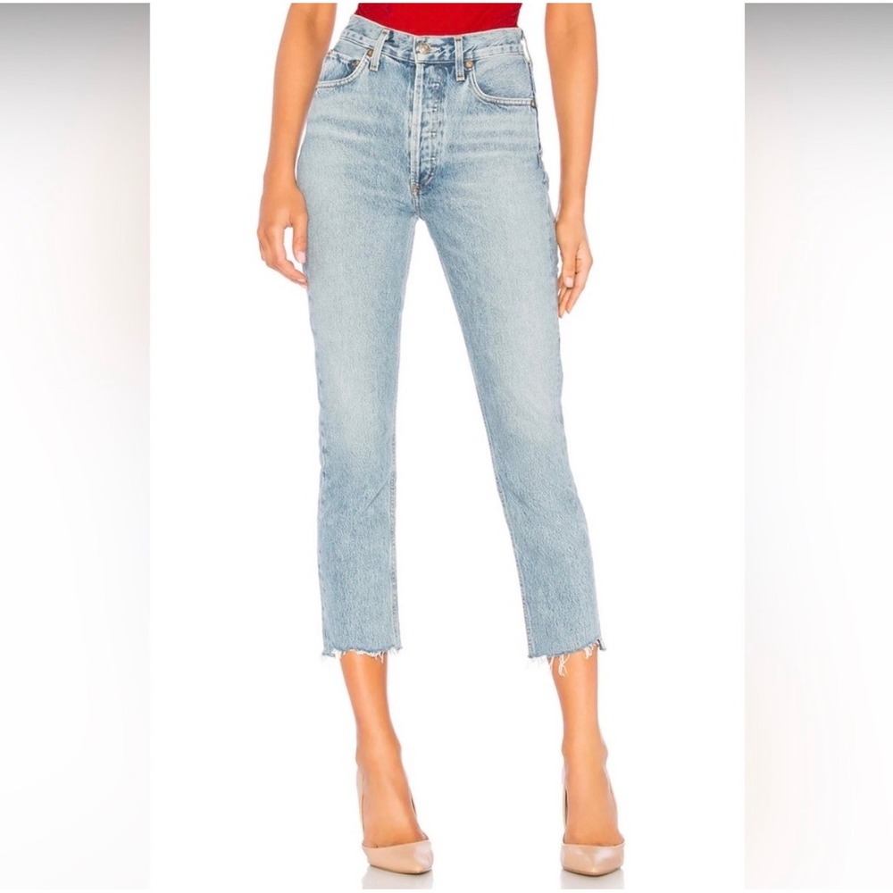 AGOLDE Riley Jeans Women 23 Zephyr Blue High Rise Straight Crop Raw Hem